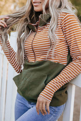 Orange Striped Color Block Patchwork Thumbhole Sleeve Hoodie