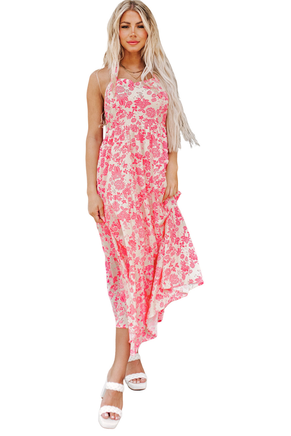 Vestido largo con lazo en los hombros y estampado floral de cuadros vichy rosas