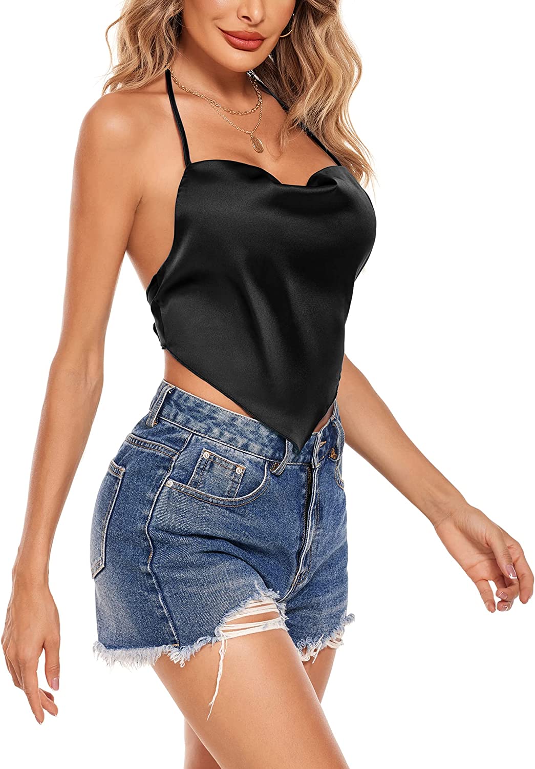 Avidlove Satin Silk Crop Top Cowl Neck Halter Sleeveless Tank Top Tie Back Bandana Top for Women