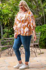 Orange Plus Size Floral Print V Neck Peplum Blouse