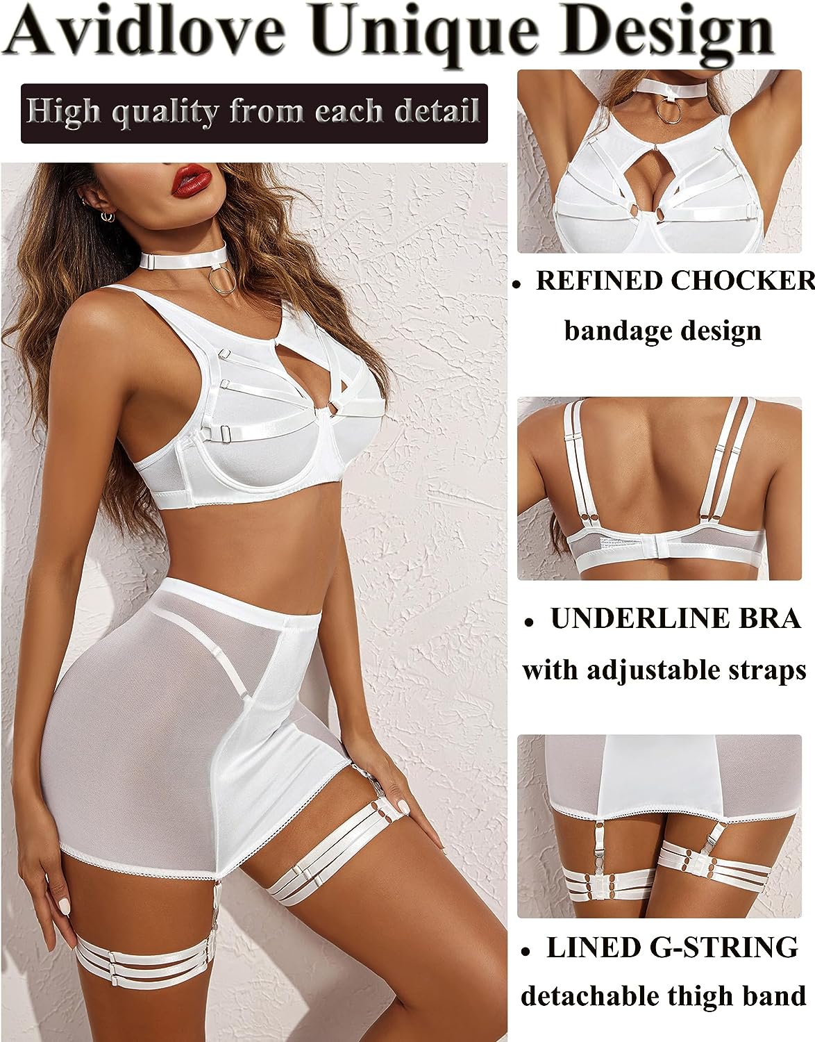 Avidlove Lingerie Set for Underwire 6Pc Strappy Cutout Push Up Bondaged Garter Set with Chocker High Waist Skirt