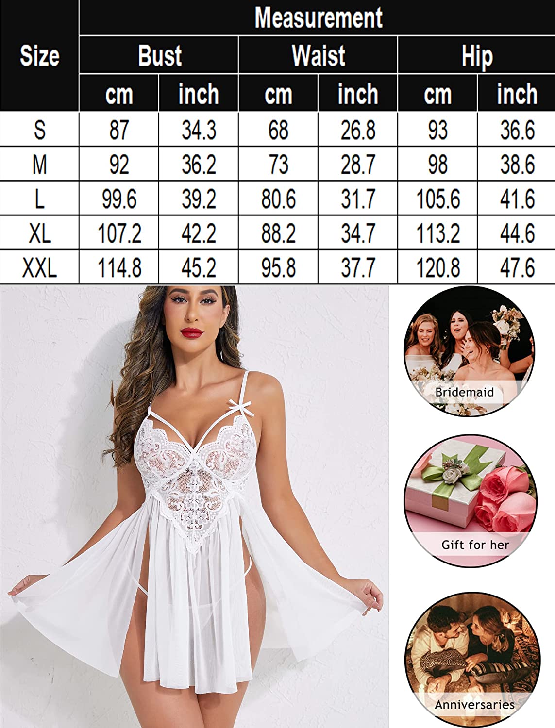 Avidlove Lingerie for Lace Babydoll Strap Chemise Nightgown V Neck Sleepwear Mesh Side Slit Nighty