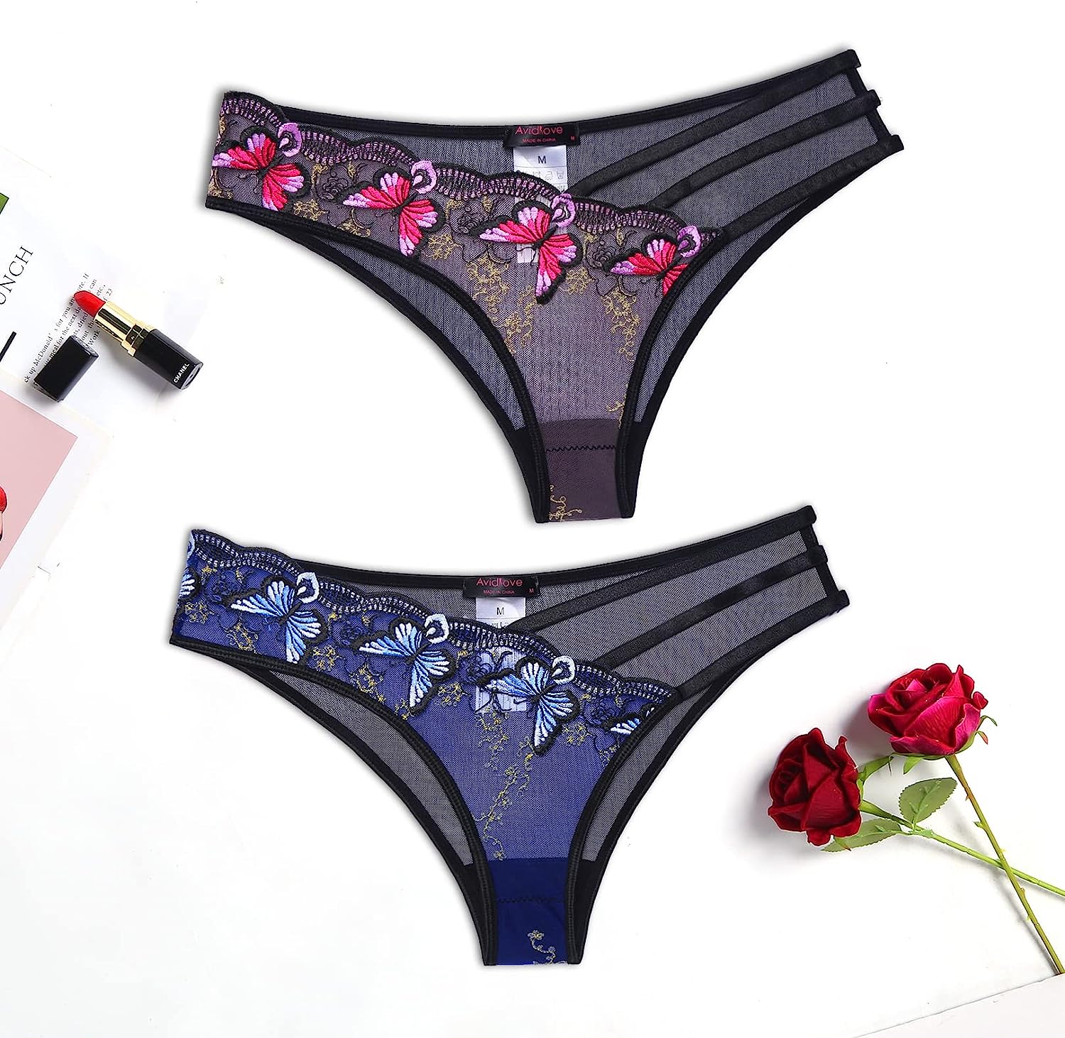 Avidlove Panties for Butterfly Embroidered Underwear Mesh Panties Pack