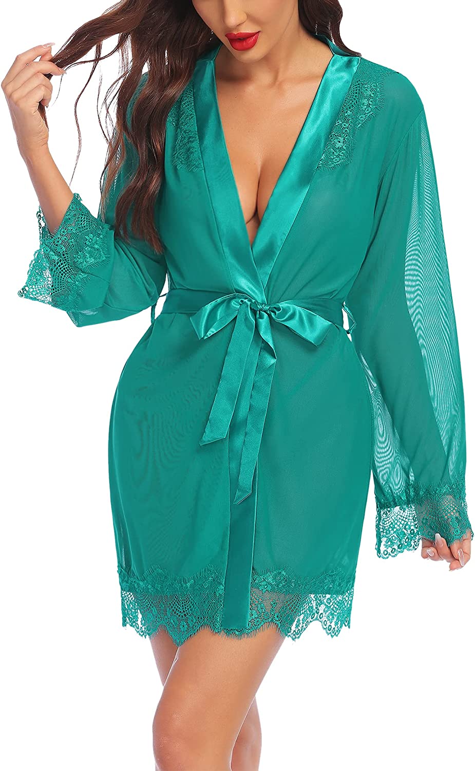 Avidlove Lingerie Robe Lace Kimono Cover Up Satin Mesh Robe Babydoll Lingerie Set