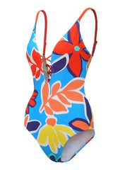 Blue Printed Spaghetti Straps One Piece Swimwear