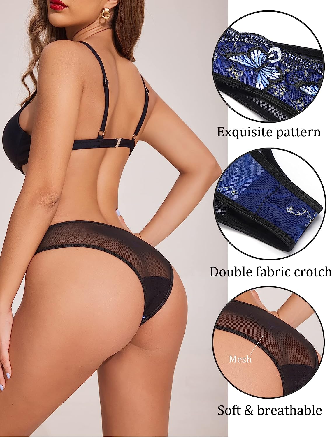 Avidlove Panties for Butterfly Embroidered Underwear Mesh Panties Pack