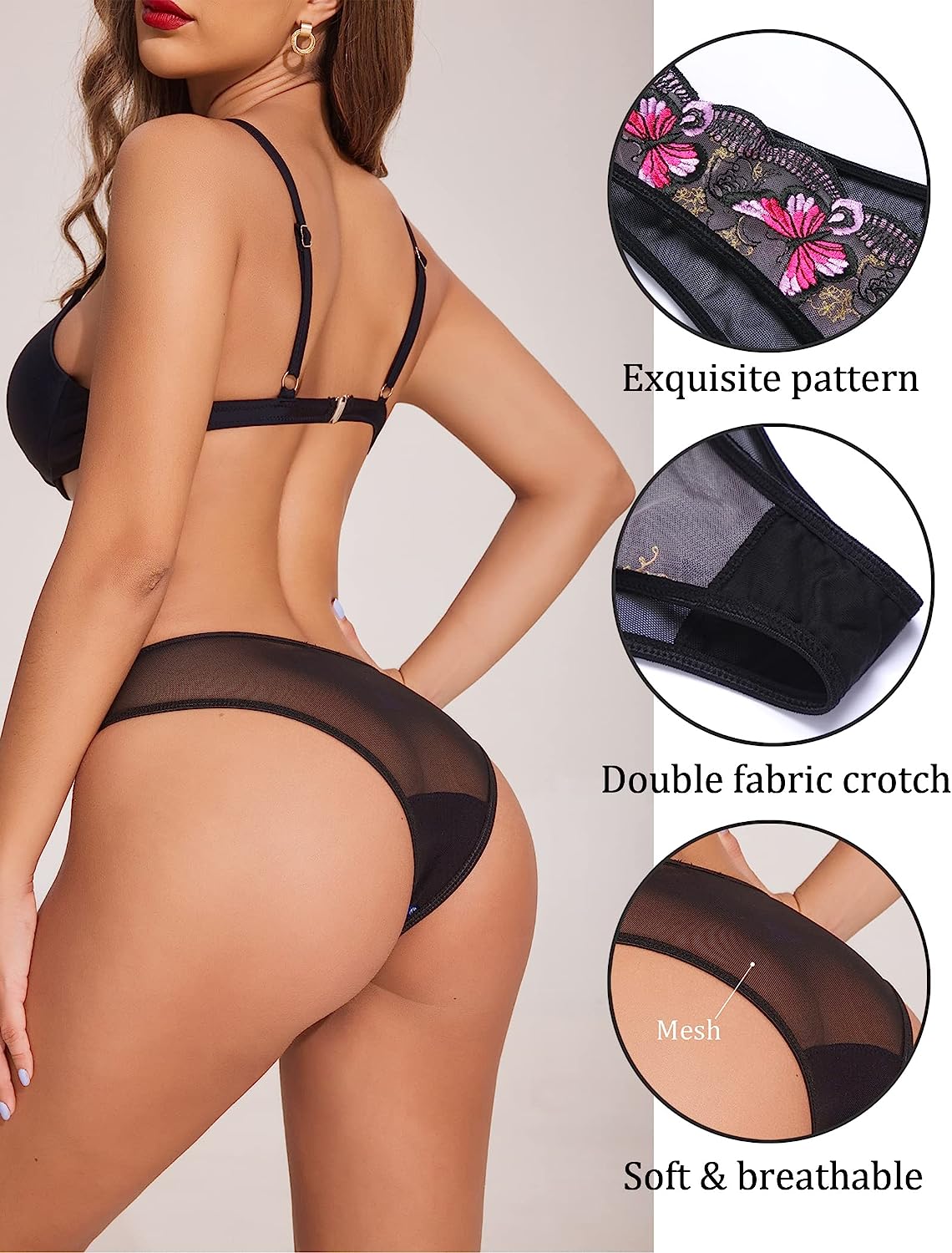 Avidlove Panties for Butterfly Embroidered Underwear Mesh Panties Pack