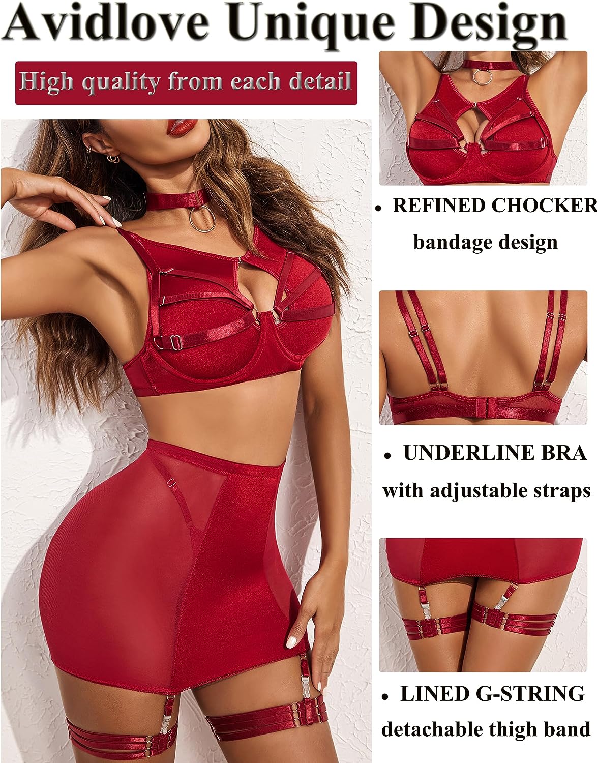 Avidlove Lingerie Set for Underwire 6Pc Strappy Cutout Push Up Bondaged Garter Set with Chocker High Waist Skirt