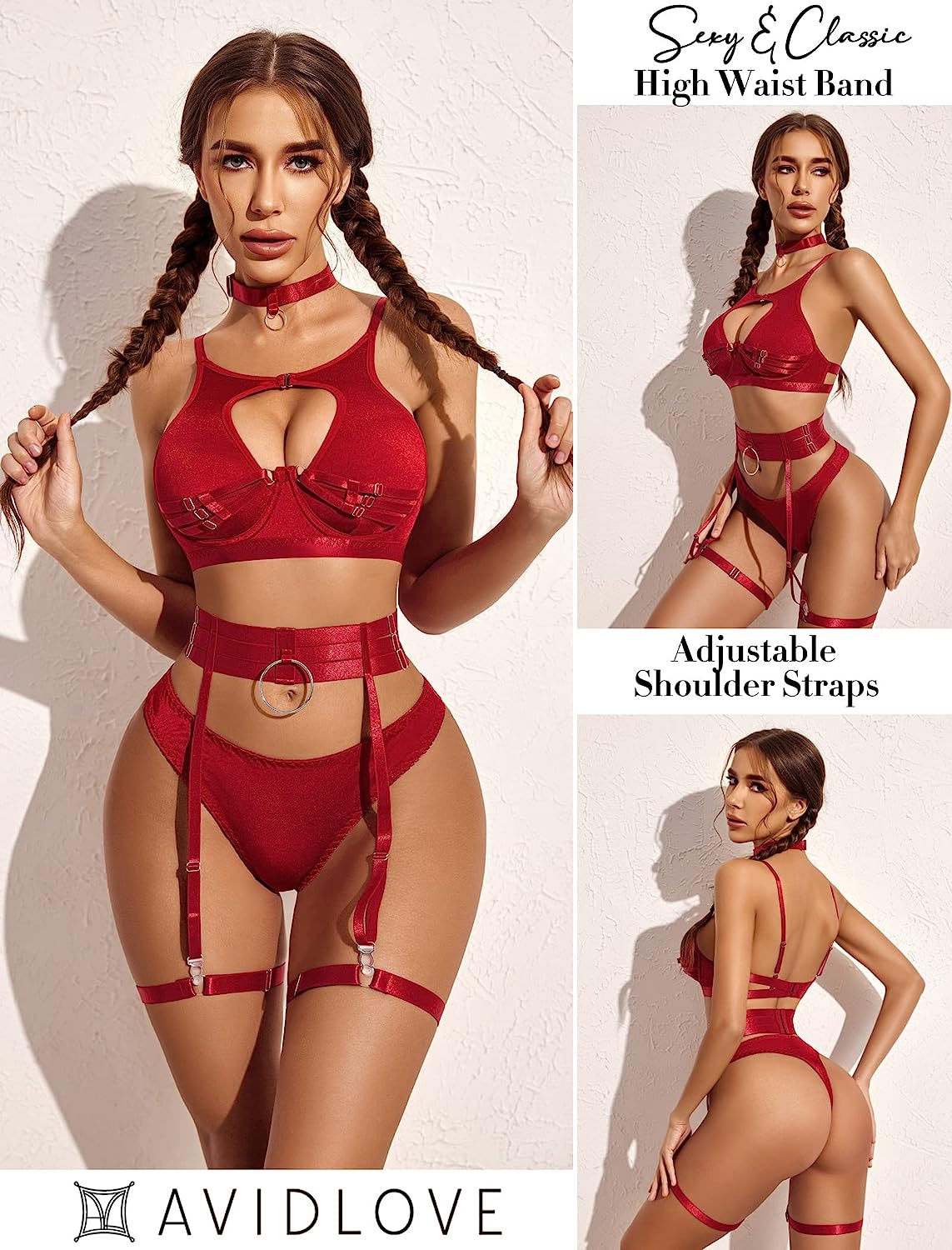 Avidlove Lingerie Set with Underwire Push Up Bondaged Lingerie Set 5 Piece Strappy Lingerie Set(No Stockings)