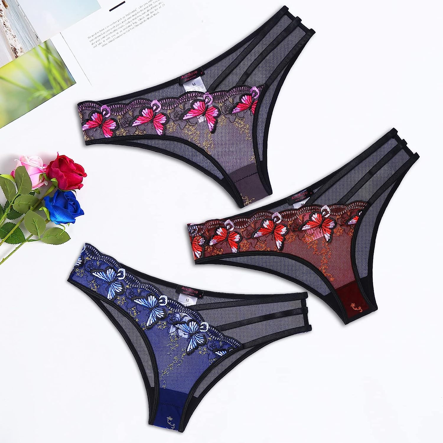 Avidlove Panties for Butterfly Embroidered Underwear Mesh Panties Pack