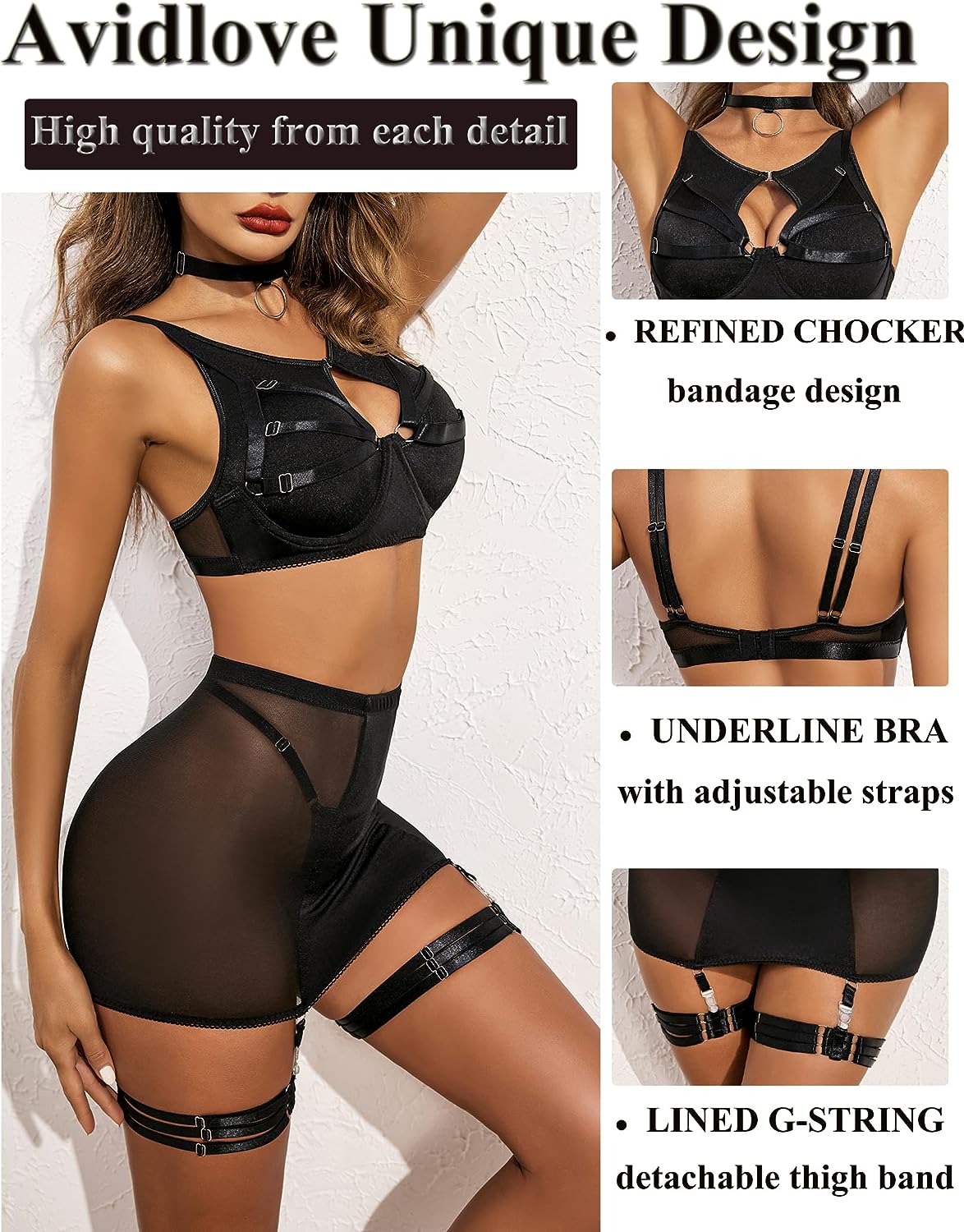 Avidlove Lingerie Set for Underwire 6Pc Strappy Cutout Push Up Bondaged Garter Set with Chocker High Waist Skirt