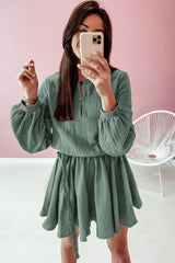 Pickle Green Button Neck Puff Sleeve Belted Pleated Mini Dress