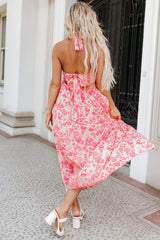 Vestido largo con lazo en los hombros y estampado floral de cuadros vichy rosas