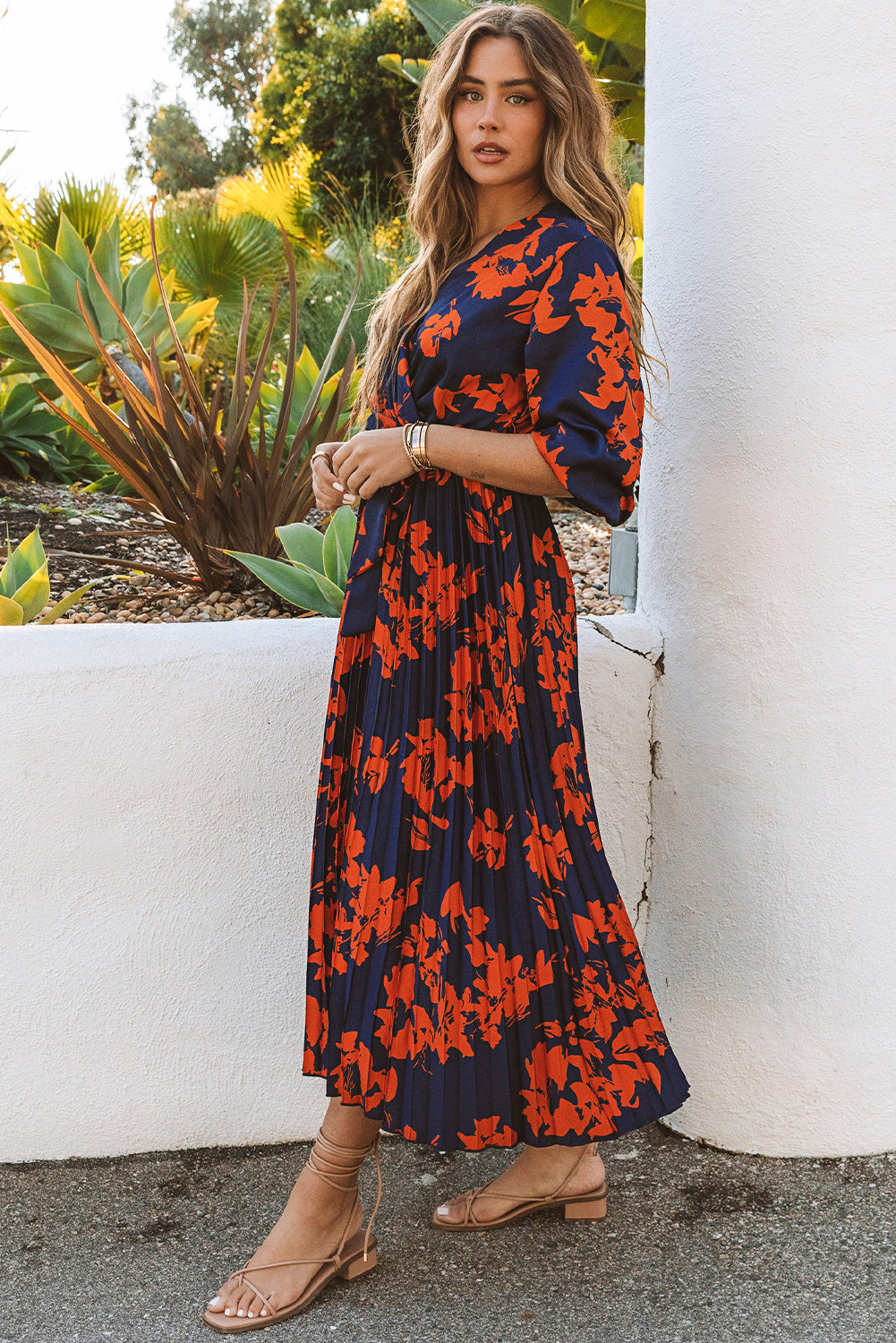 Orange V Neck Wrap Pleated Maxi Floral Dress with Tie