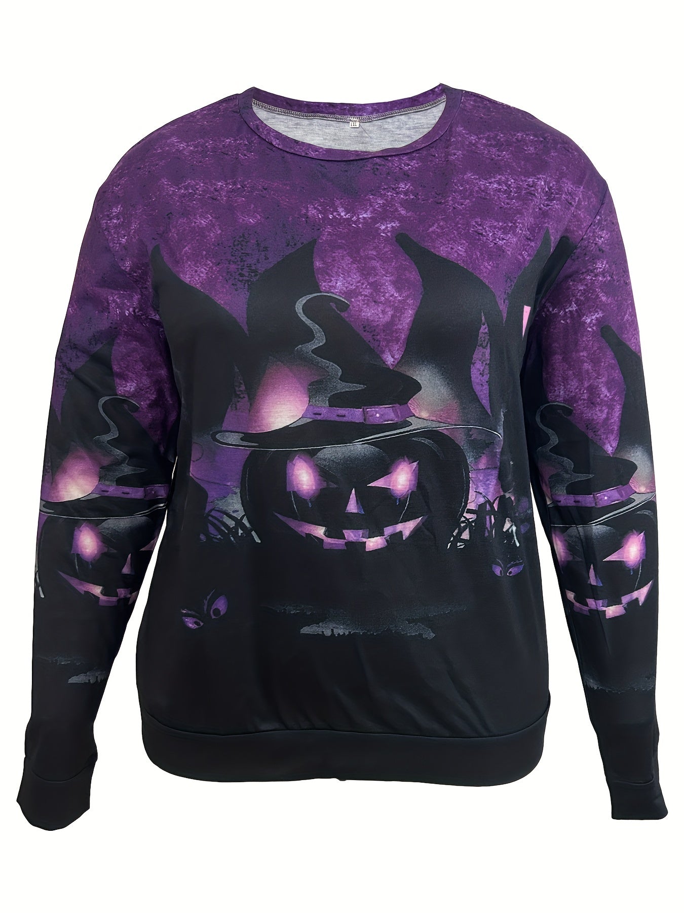 Plus Size Halloween Casual Sweatshirt, Women's Plus Witch Hat Pumpkin Print Long Sleeve Round Neck Pullover Top