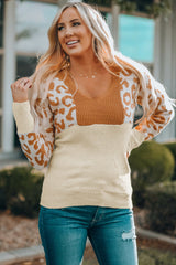 Orange Colorblock Leopard V Neck Sweater