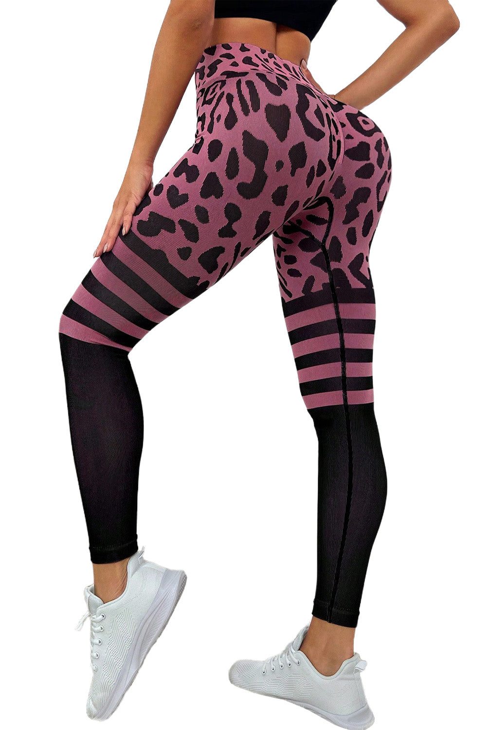 Pantalones de yoga de cintura alta con parche de leopardo y rayas rosas que levantan los glúteos