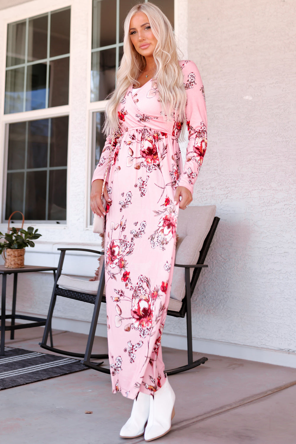 Pink  Wrapped V Neck Floral Long Sleeve Empire Maxi Dress