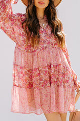 Pink Bubble Sleeve Floral Print Dress