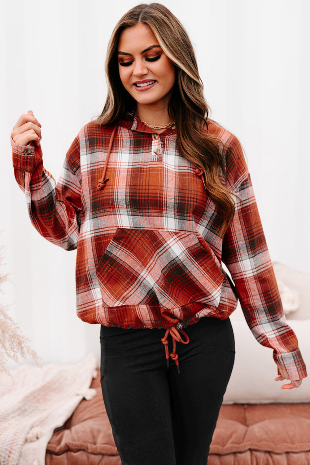 Orange Plaid Print Pocketed Hoodie