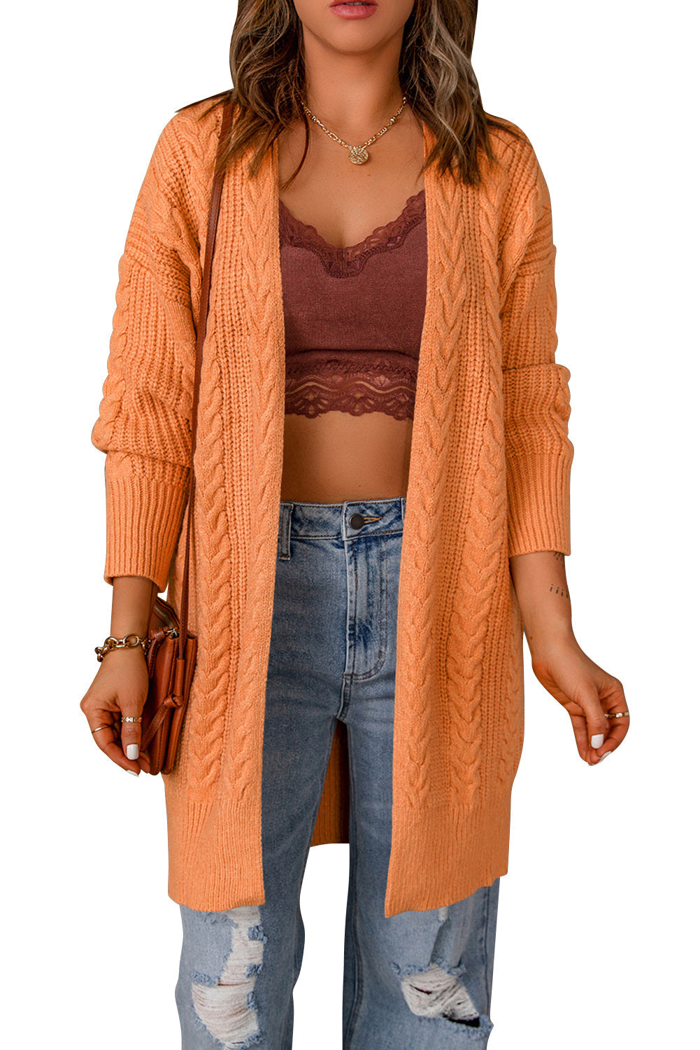 Orange Chunky Knit Open Front Cardigan