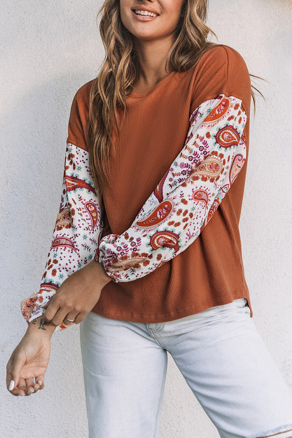 Orange Paisley Contrast Bubble Sleeve Ribbed Top