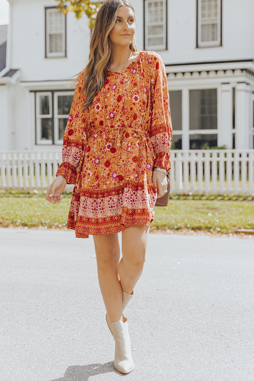 Orange Floral Print Drawstring Long Sleeve Mini Dress