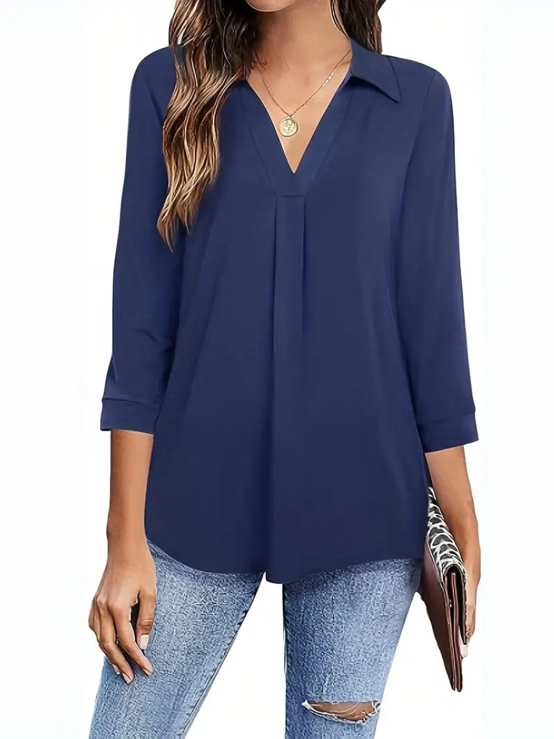 Plus Size Casual Blouse, Women's Plus Solid Half Sleeve Turn Down Collar Tunic Top