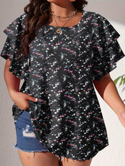 Plus Size Casual Blouse, Women's Plus Polka Dot Print Layered Sleeve Round Neck Oversized Blouse