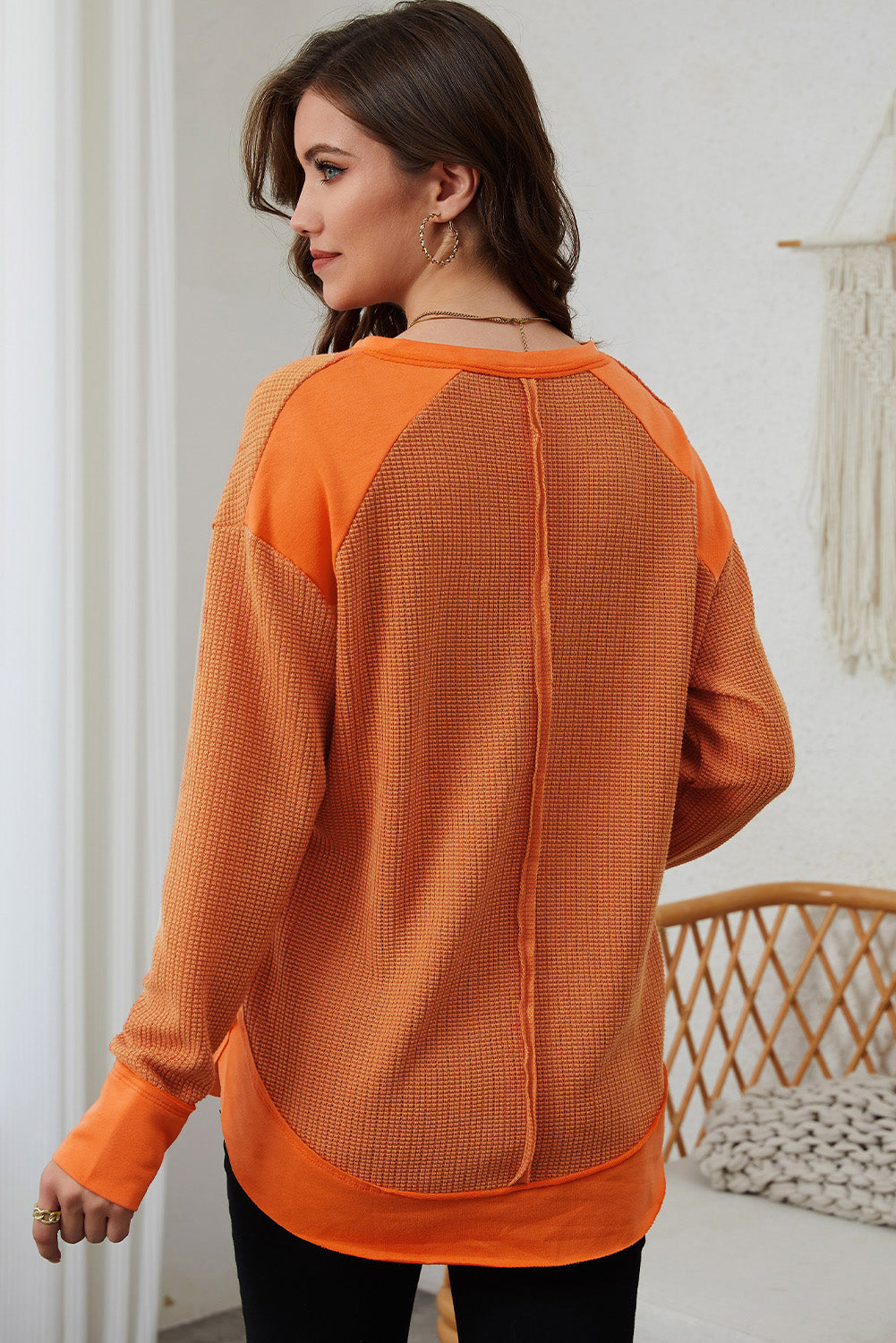 Orange Waffle Knit Patchwork V Neck Long Sleeve Top