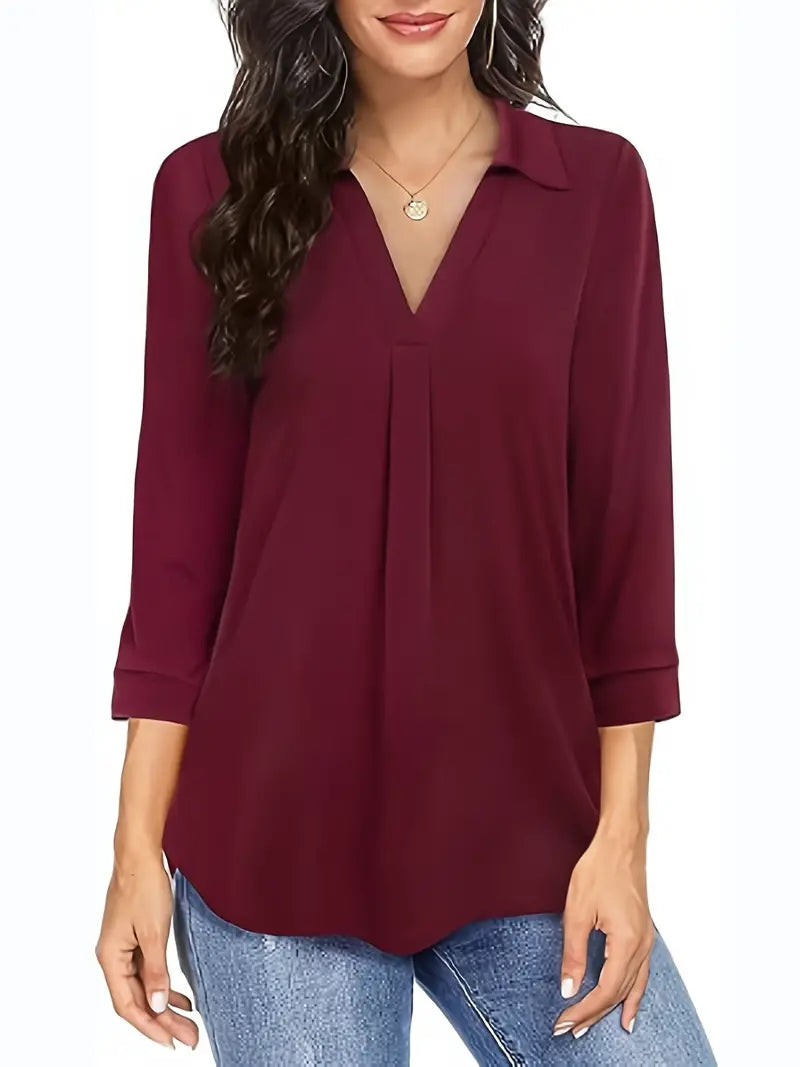 Plus Size Casual Blouse, Women's Plus Solid Half Sleeve Turn Down Collar Tunic Top