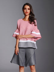 Fashion Pleated Color Block Round Neck T-Shirt