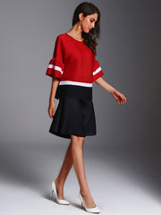 Fashion Pleated Color Block Round Neck T-Shirt