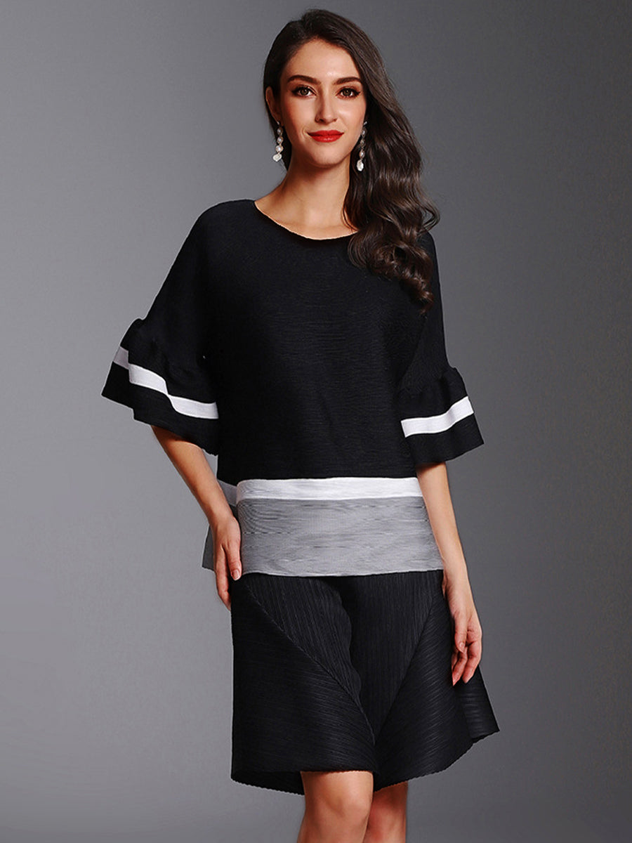 Fashion Pleated Color Block Round Neck T-Shirt