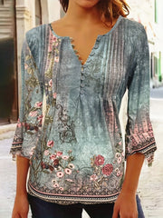 Plus Size Casual T-shirt, Women's Plus Floral Print Bell Sleeve Round Neck Slight Stretch Ruched Henley T-shirt