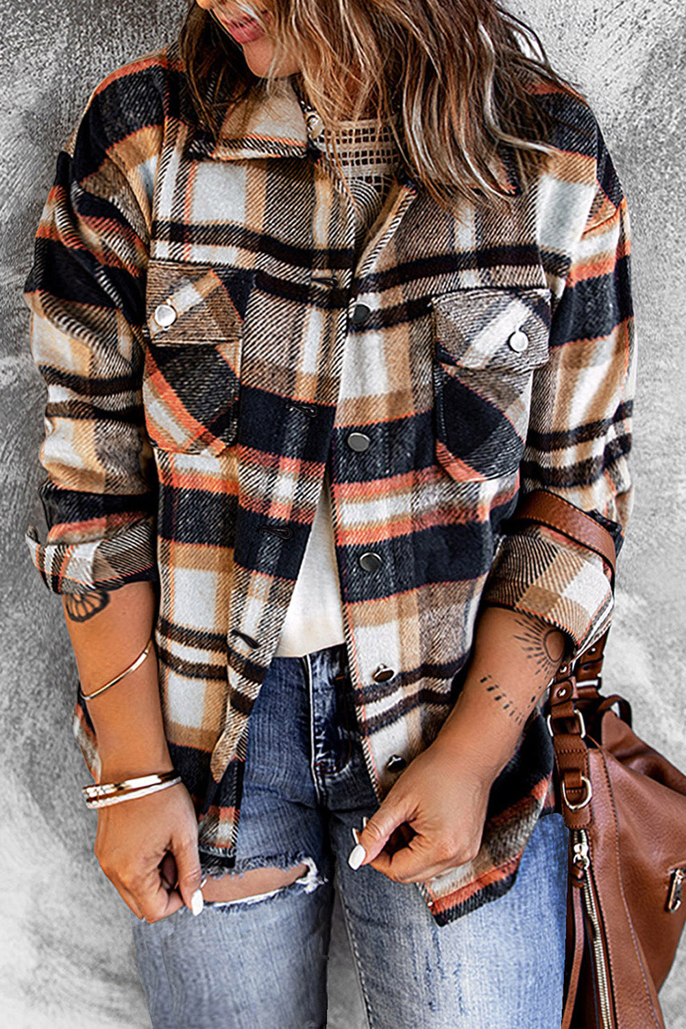 Orange Geometric Plaid Print Pocketed Shacket