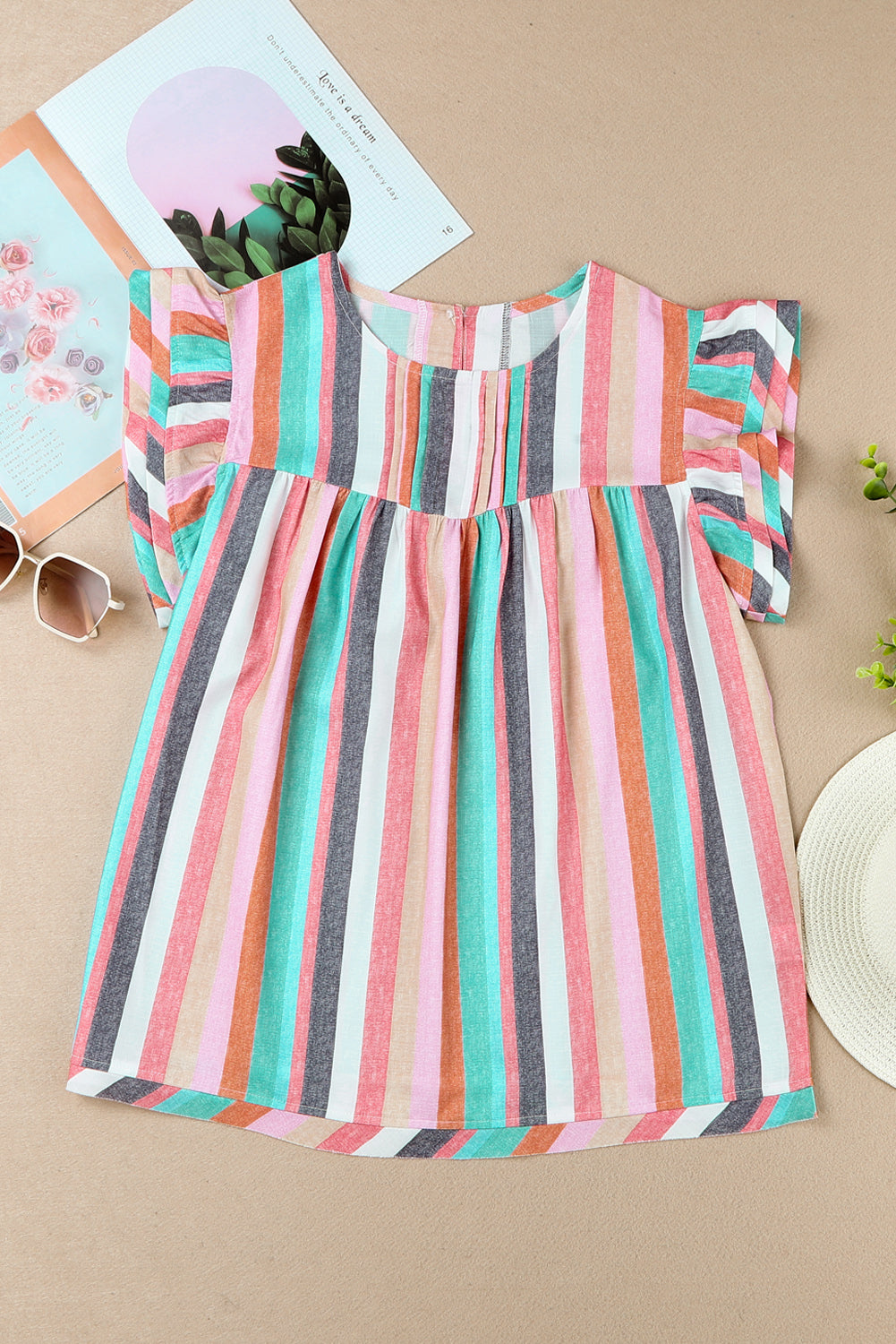 Pink Striped Button Sweetheart Flutter Sleeve Dress