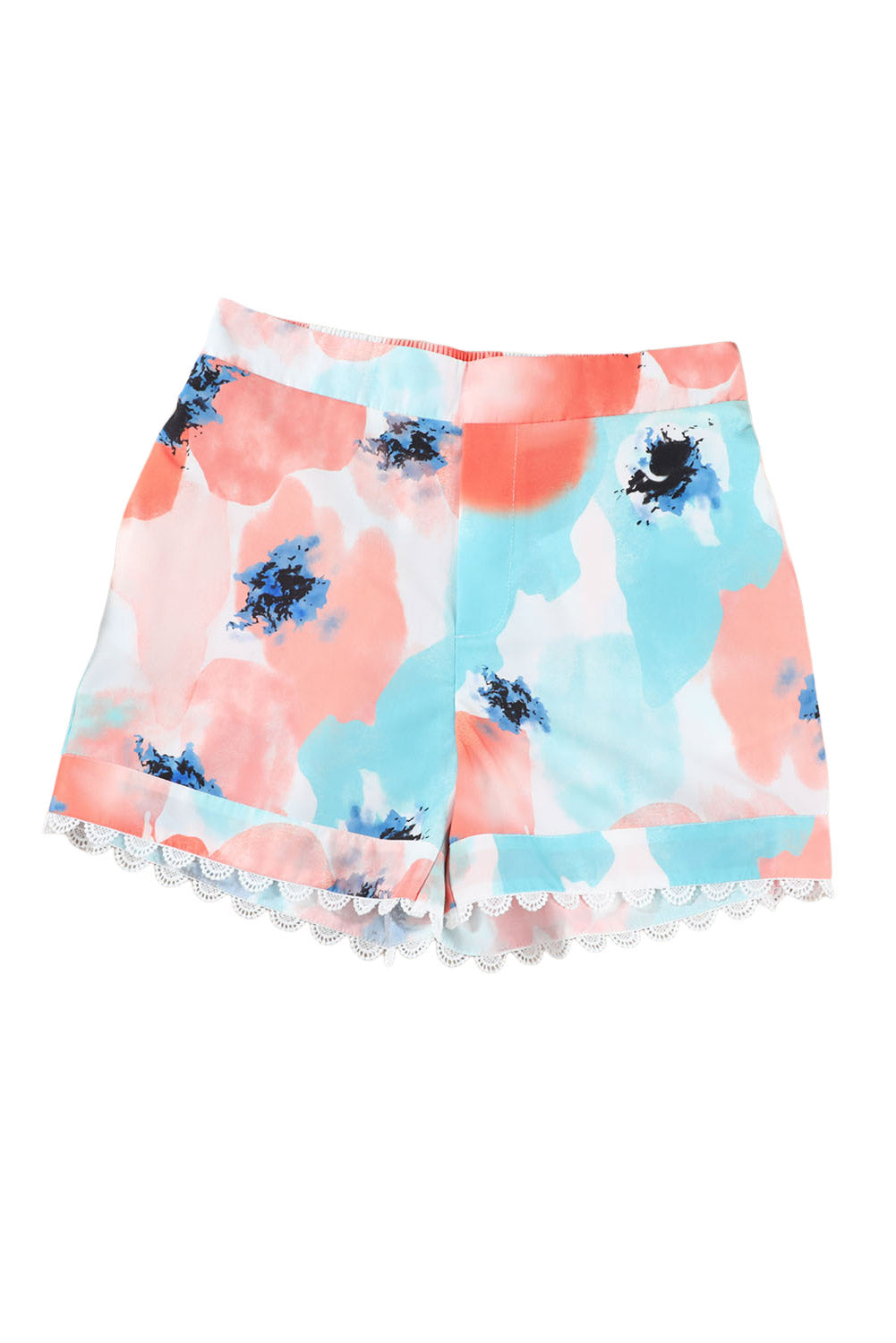 Pink Abstract Water Marbling Print Lace Trim Shorts