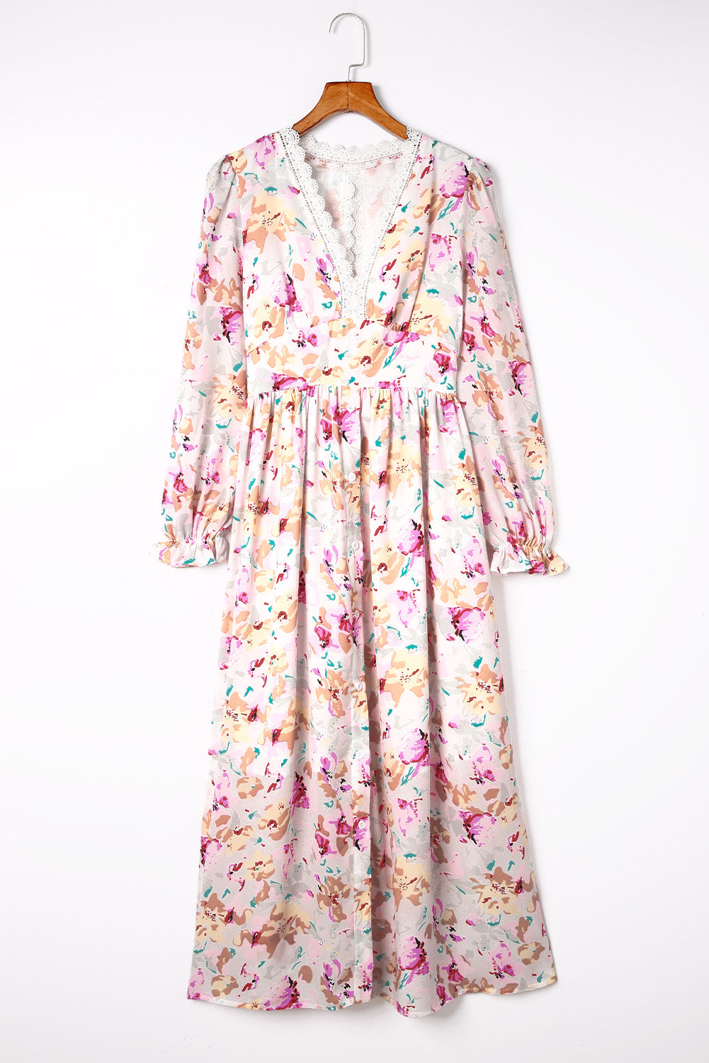 Rosa Maxikleid mit Blumenmuster und Patchwork-Ausschnitt auf der Rückseite