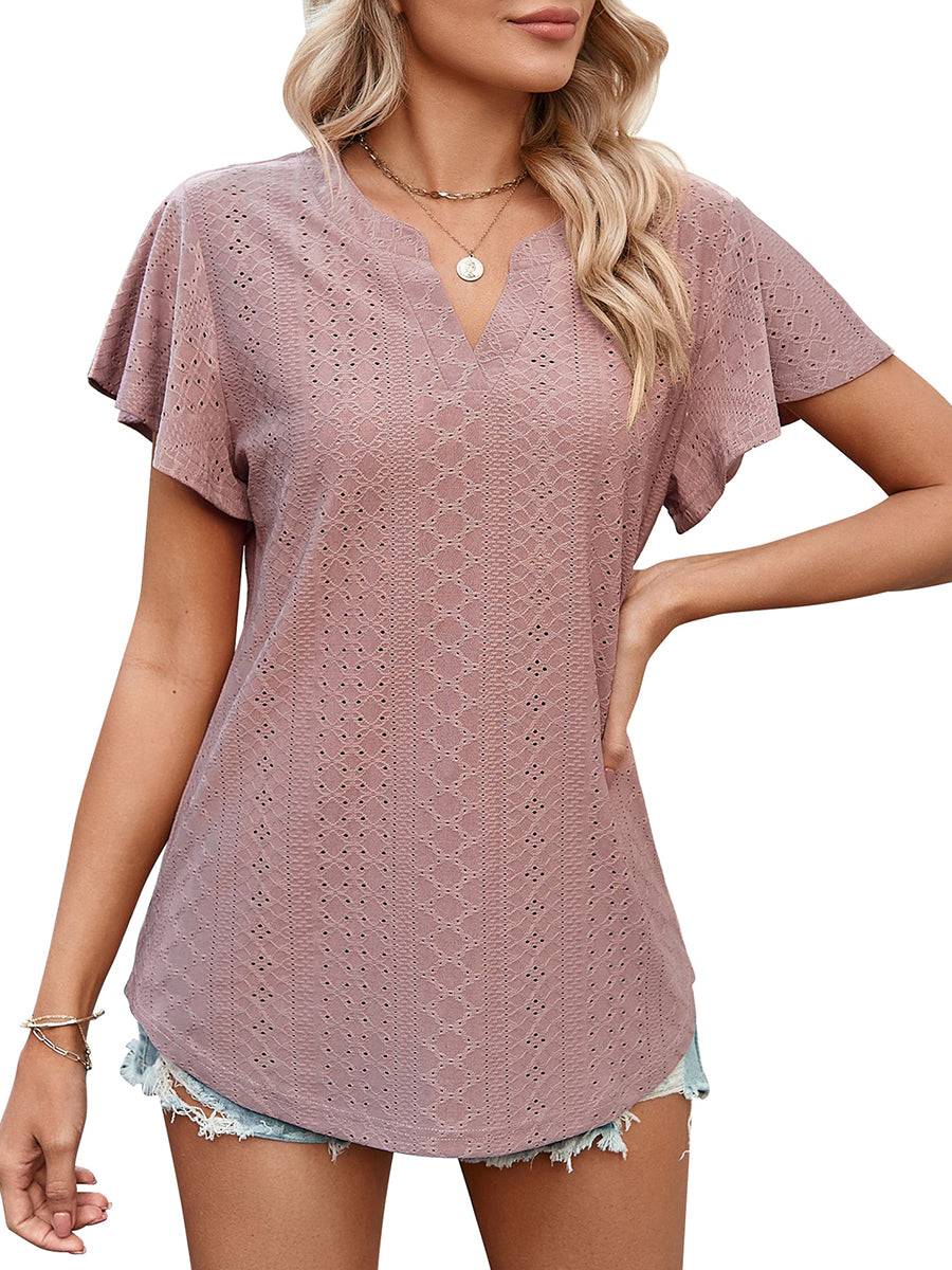 Solid Color Hollow V-Neck Ruffle Sleeve Casual T-Shirt