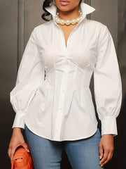 Plus Size Casual Blouse, Women's Plus Solid Button Up Lantern Sleeve Turn Down Collar Nipped Waist Blouse