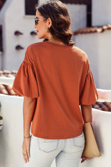 Orange Joint Bubble Sleeve Round Neck Blouse