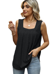 Tops Pleated Hollow Square Neck Sleeveless Tank Top