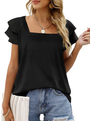 Solid Color Square Neck Double Layer Petal Sleeve T-Shirt