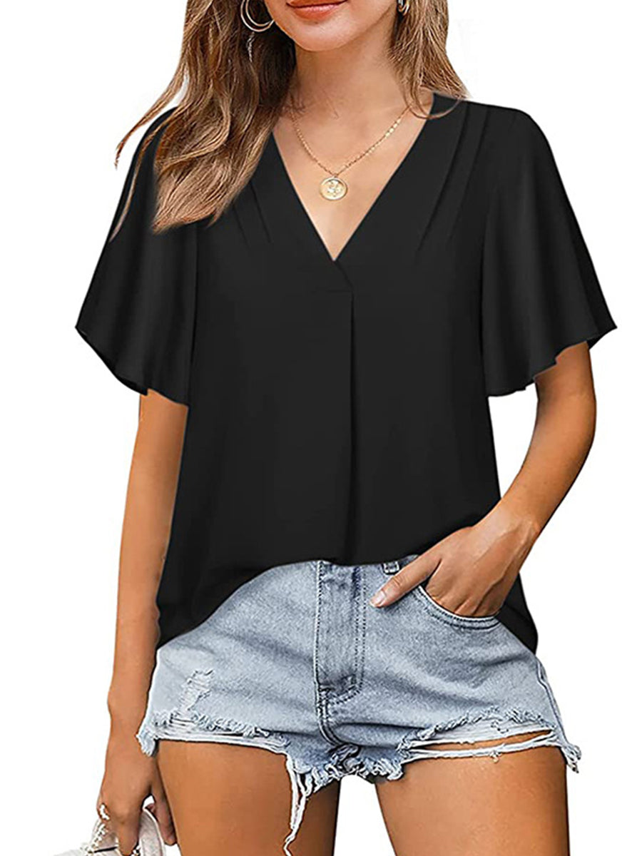 Solid Color V-Neck Chiffon Loose Short Sleeve T-Shirt