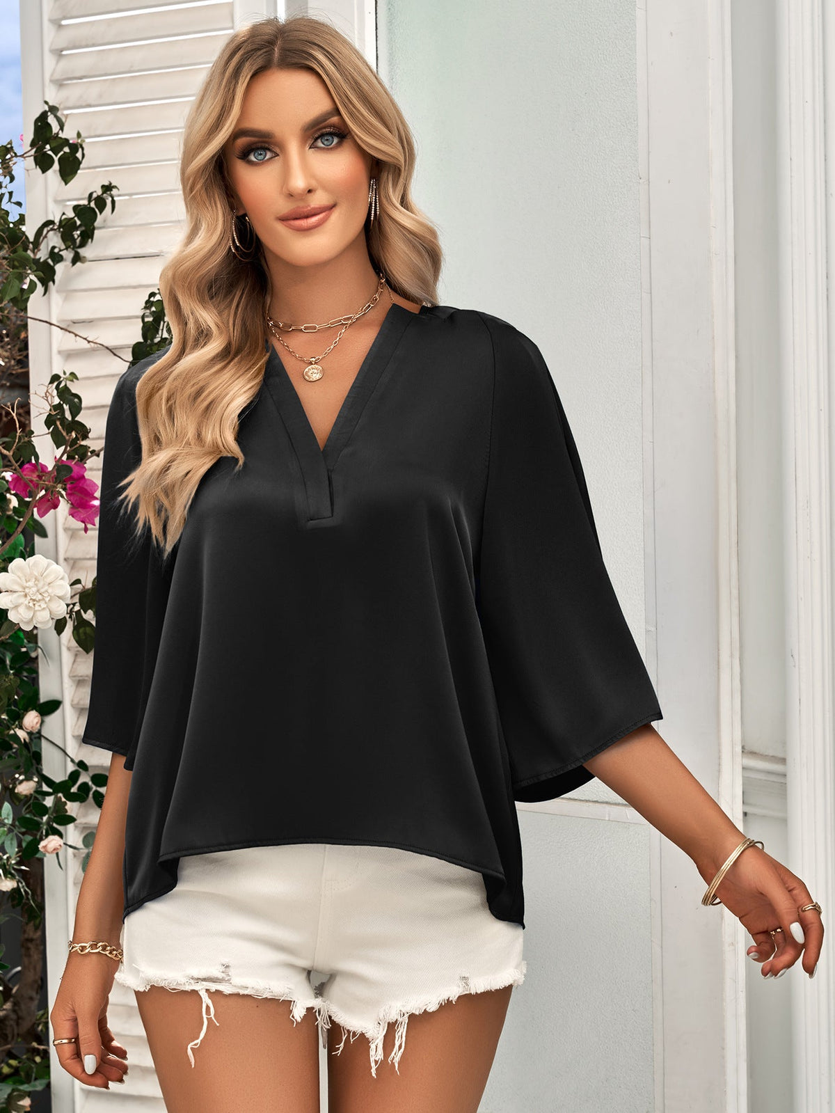 Solid Color Loose V-Neck Half Sleeve T-Shirt