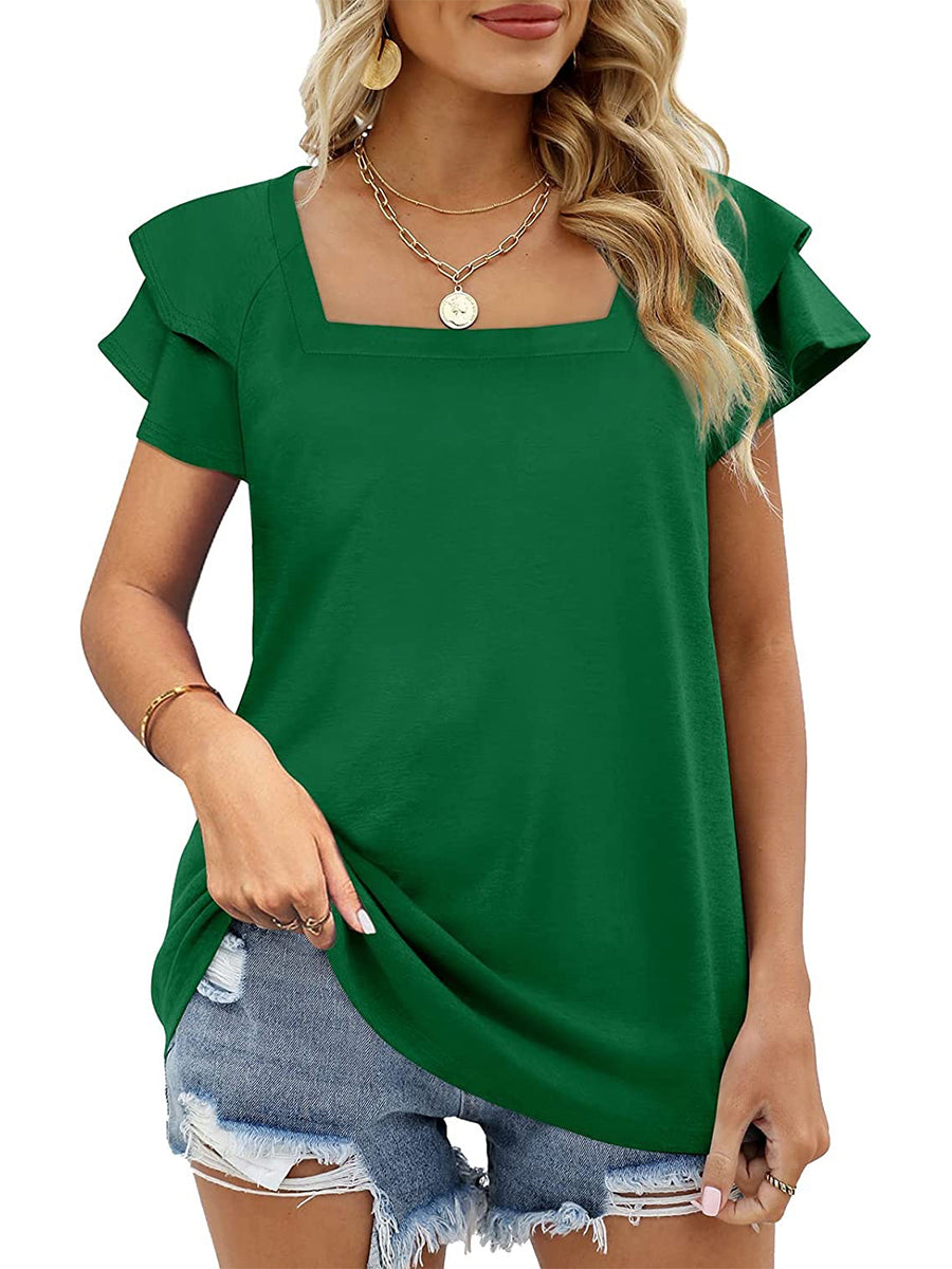 Solid Color Square Neck Double Layer Petal Sleeve T-Shirt