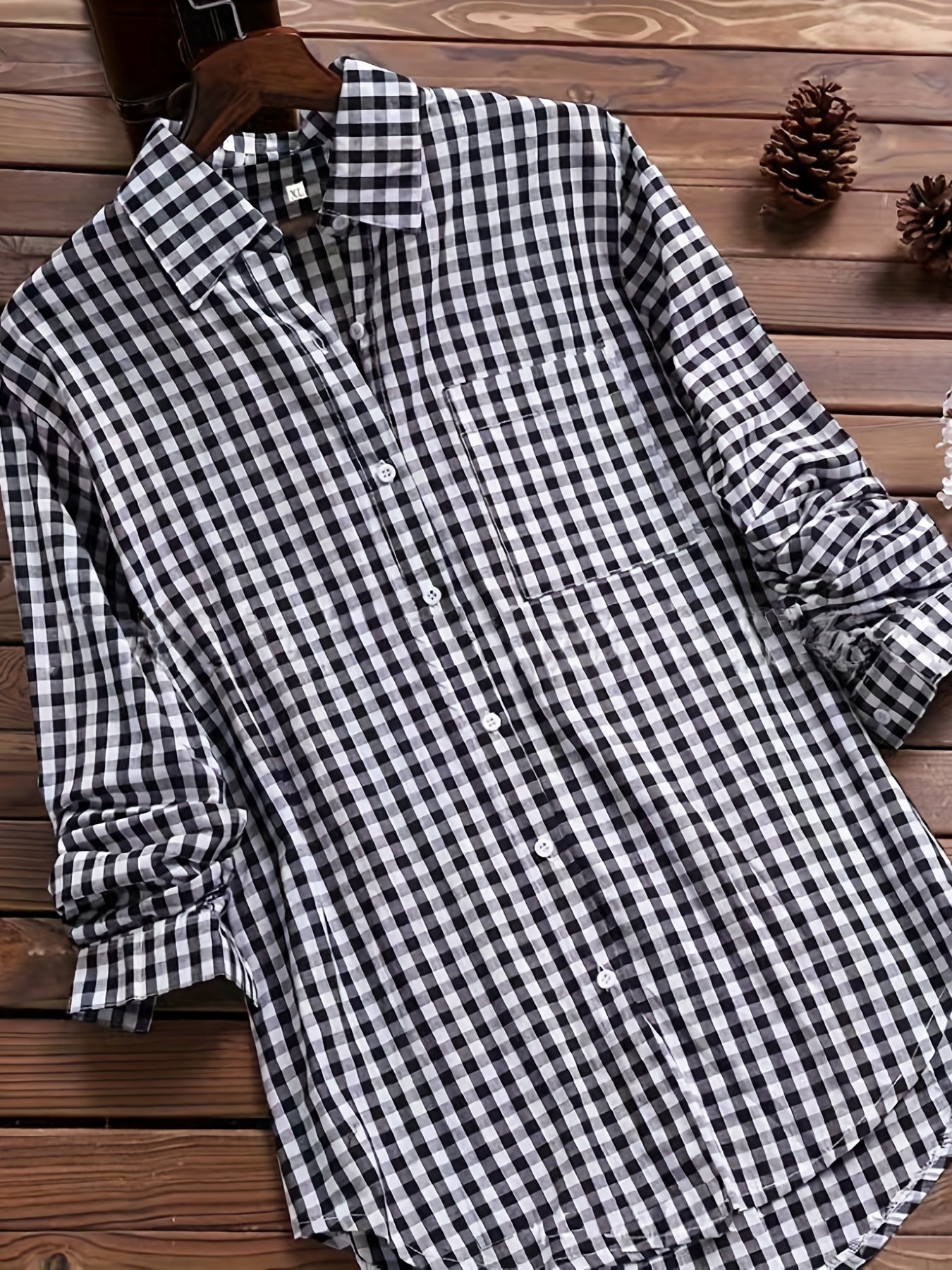 Plus Size Casual Blouse, Women's Plus Gingham Print Turn Down Collar Long Sleeve Shirt