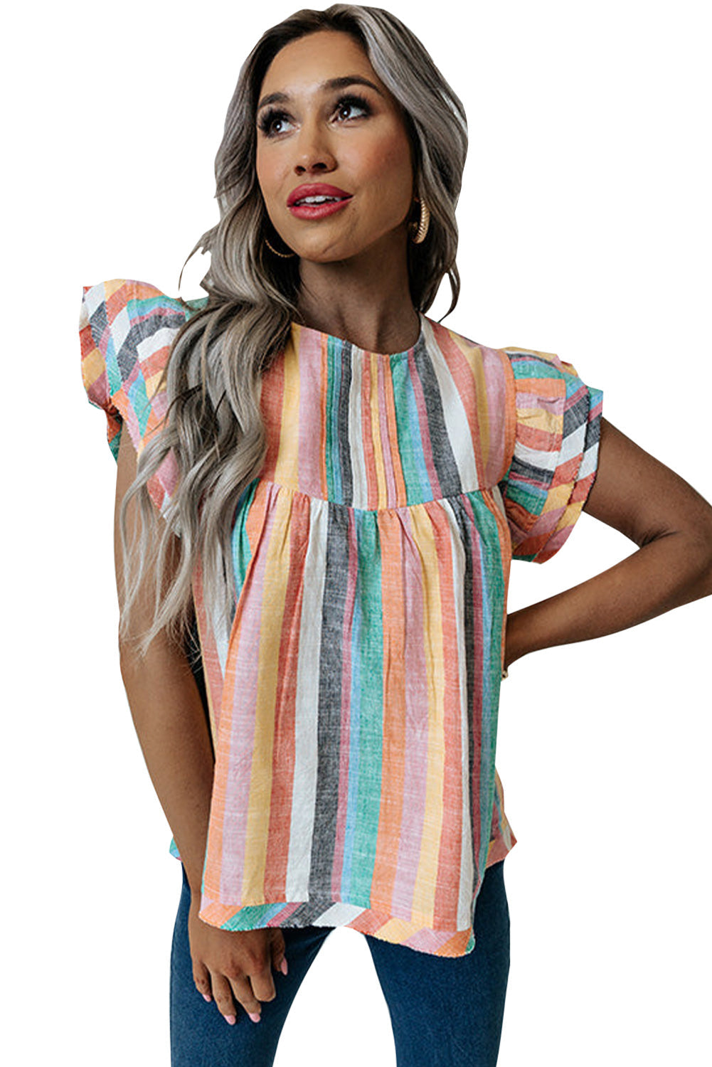 Pink Striped Button Sweetheart Flutter Sleeve Dress