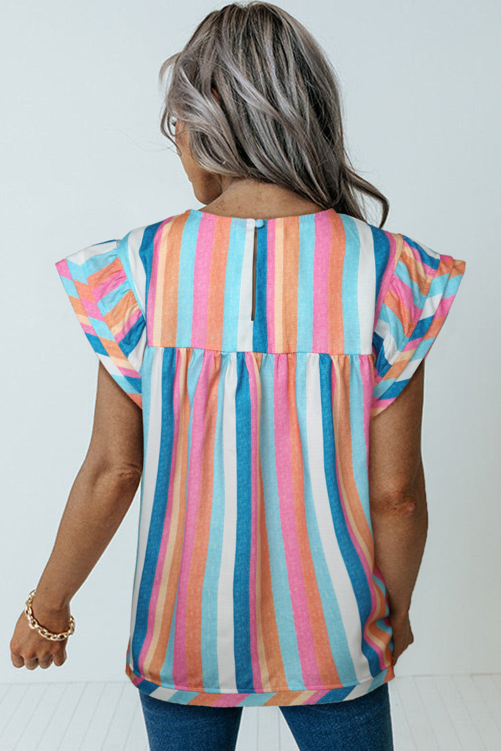 Pink Striped Button Sweetheart Flutter Sleeve Dress